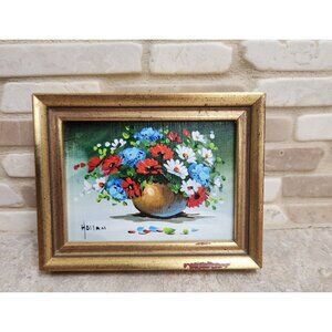 Signed Original Vivian Hollan Vintage Floral Still Life Painting Gold Frame